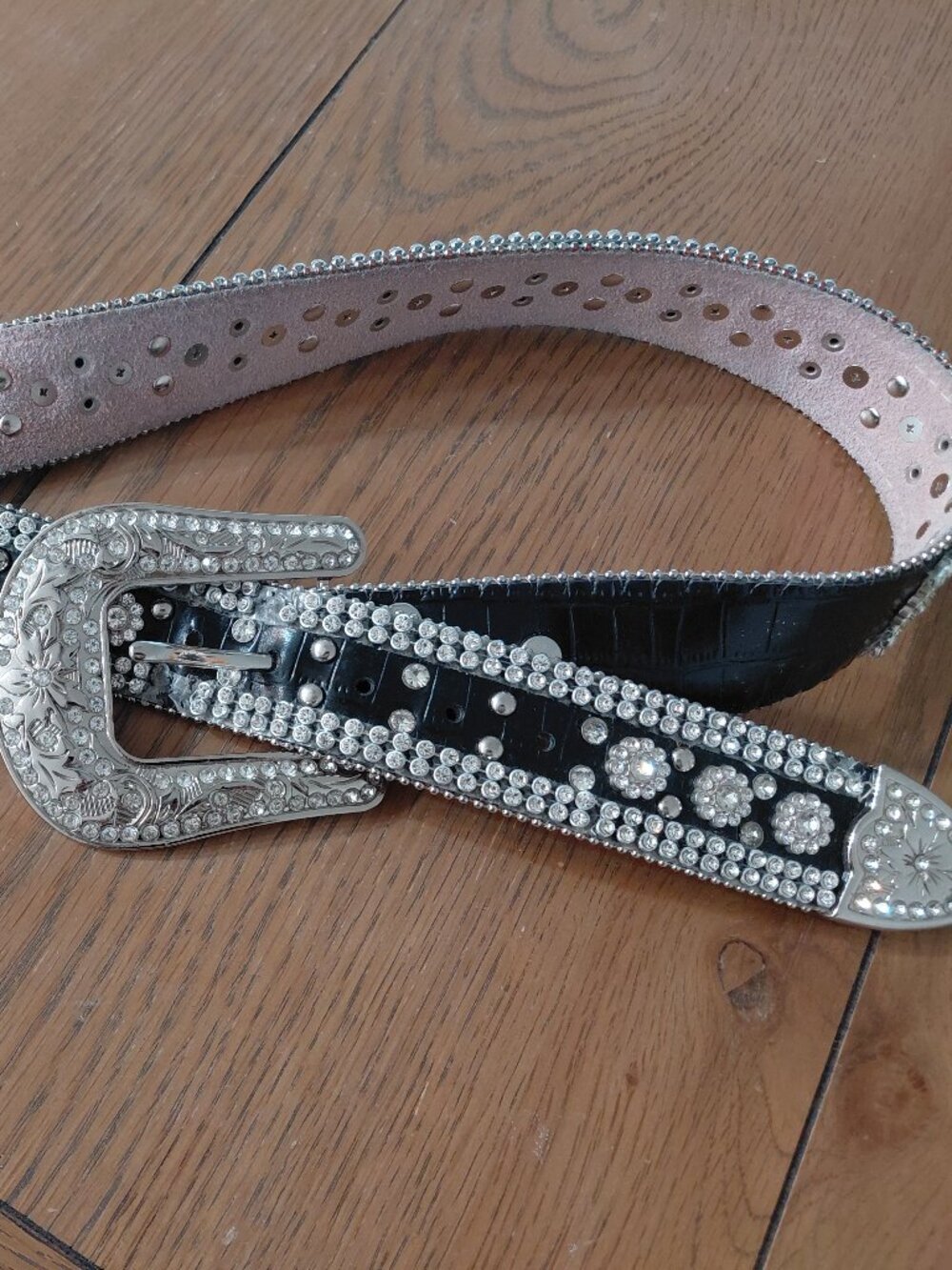 Angel Ranch Black Genuine Leather Studded Belt Western XL Rhinestones Flaw Women